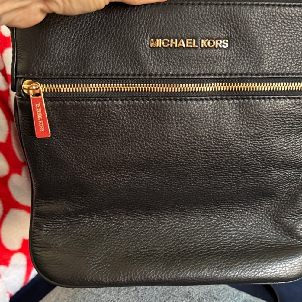 Michael Kors Black Leather Messenger Bag with Gold Accents